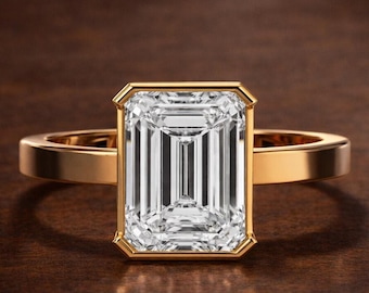 4CT Emerald Cut Moissanite Engagement Ring | 14K Gold Half Bezel Solitaire