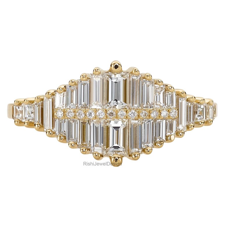 Geometric gold diamond ring with sleek baguette arrangement and delicate band
