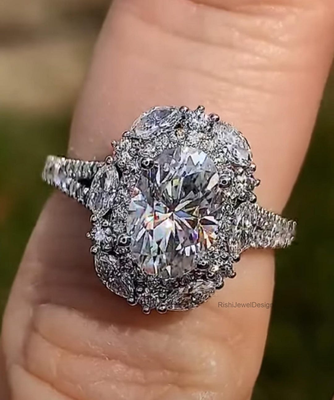 Oval Moissanite Halo Engagement Ring, Split Shank Cathedral, Vintage ...