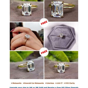 May include: Multiple images showcase a gold ring with a large, emerald-cut, colorless moissanite stone. The ring is displayed in various settings, including on a finger and in a gray velvet box. The text indicates the ring is 2.92 CT with VVS clarity.