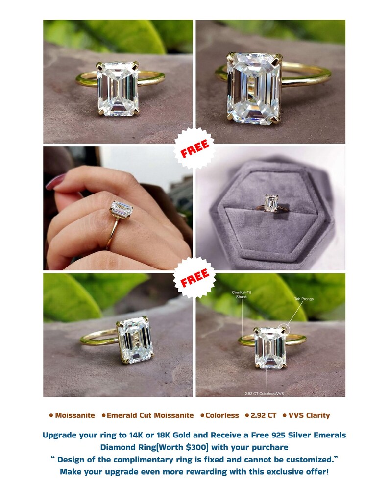 May include: Multiple images showcase a gold ring with a large, emerald-cut, colorless moissanite stone. The ring is displayed in various settings, including on a finger and in a gray velvet box. The text indicates the ring is 2.92 CT with VVS clarity.