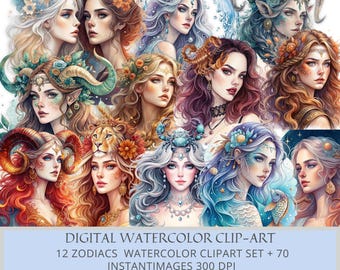 Clipart de aquarela do zodíaco místico | 12 signos astrológicos PNG | Conjunto de arte digital celestial e cósmica +70