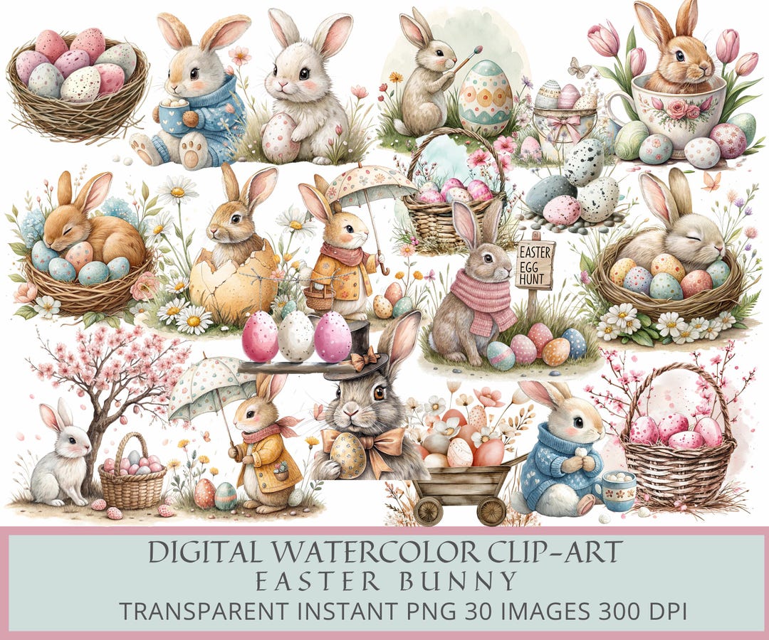 Watercolor Easter Bunny Clipart: Spring Floral PNG Set (digital ...