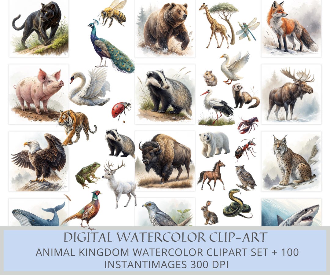 Animal Kingdom Watercolor Clipart Set +100 – Digital Wildlife & Spirit ...