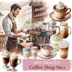 Coffeeshop-clipartbundel – 468 aquarel-png's | Baristatools, koffiedrankjes, cafés en gebak voor mokken, planners, branding