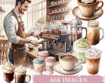 Watercolor Coffee Shop Clipart Bundle: 468 PNGs, Barista, Pastries (Digital Download)