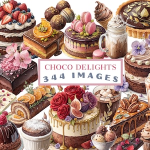 Clipart chocoladetaart, cupcakes, pralines, cacao, brownies, taartjes – aquareldessertbundel – 344 illustraties