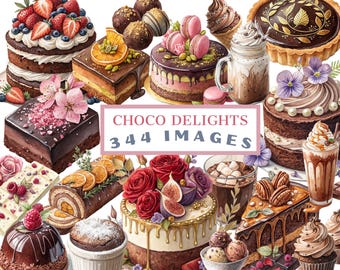 Chocolate Cake Clipart, Cupcakes, Pralines, Cocoa, Brownies, Tarts – Watercolor Dessert PNG Bundle – 344 Illustrations