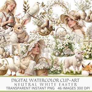 Clipart de Pâques blanc neutre – Ensemble PNG aquarelle numérique | Illustrations printanières au pastel pour le bricolage, le scrapbooking et la sublimation