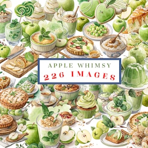 Clipart Apple Whimsy | 226 Akwarela PNG | Zielone jabłko Desery, ciasta, napoje, ciasta i smakołyki | Cottagecore Kitchen Art