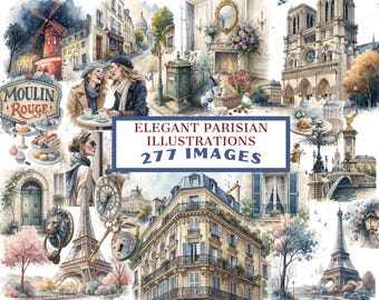 Elegant Parisian Clipart – 277 Watercolor Illustrations Watercolor Style, Bundle