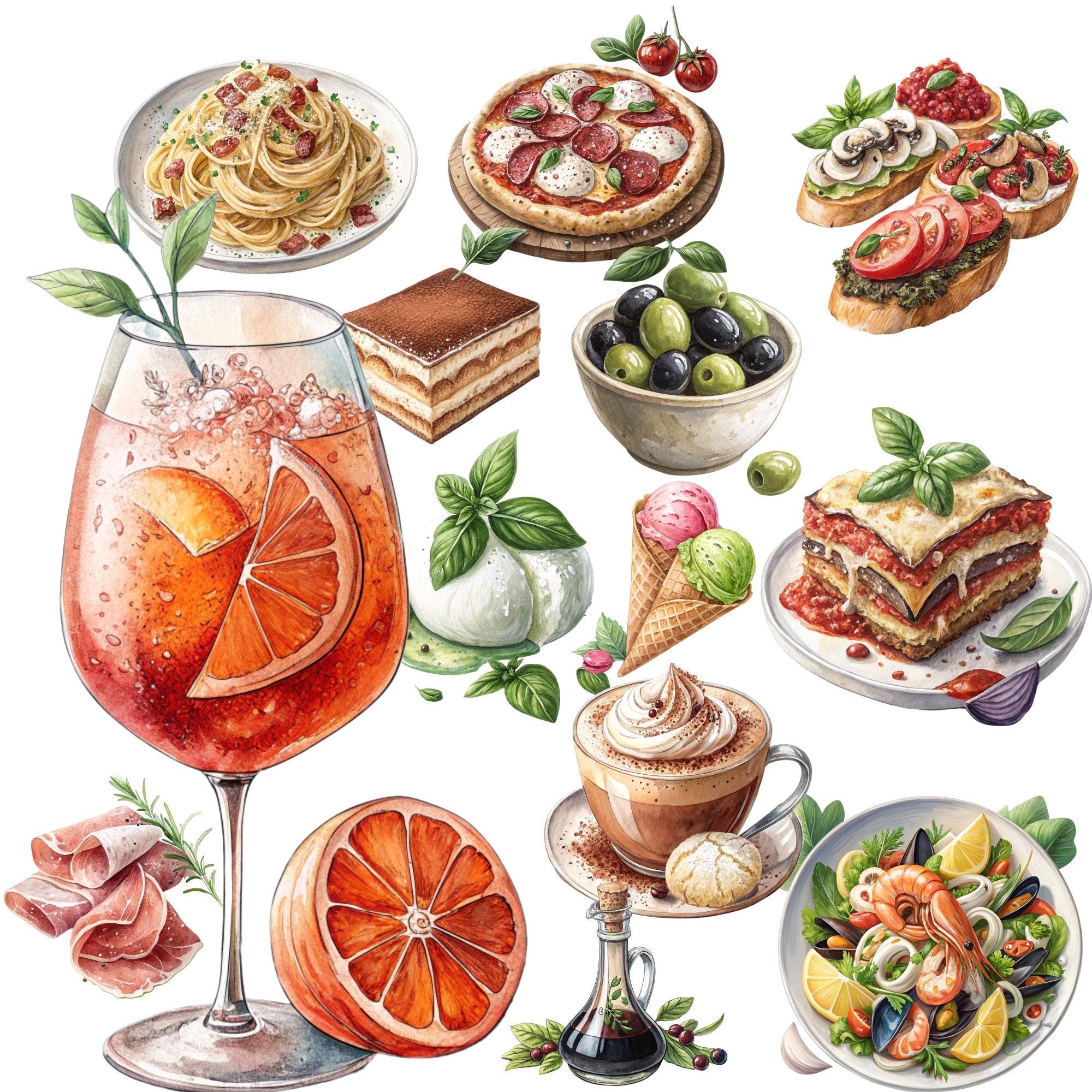 Italian Food 413 Illustrations Clipart – Pasta, Pizza, Aperitivo, Espresso & More – Watercolor PNG Bundle –