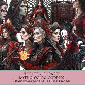 Clipart della dea Ecate / PNG arte digitale gotica oscura / Illustrazione pagana, wiccan, stregoneria / Simboli mistici e grafica occulta