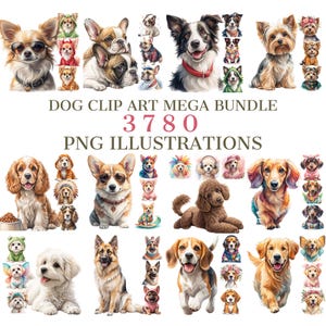 Dog Clipart Mega Bundle – 3780 PNG & JPG Watercolor Dog Illustrations – Puppy Sublimation, Printable Art, Stickers, T-Shirts, DIY Crafts