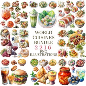 Pacchetto Clipart di Cucine del Mondo - 2216 illustrazioni PNG di cibo, cucina internazionale, ricette globali, arte culinaria culturale