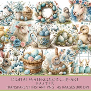 Clipart aquarelle de Pâques | Illustrations numériques printanières | Arrière-plan transparent PNG
