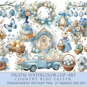 Pays bleu Pâques - Ensemble PNG aquarelle numérique | Illustrations printanières au pastel pour le bricolage, le scrapbooking et la sublimation