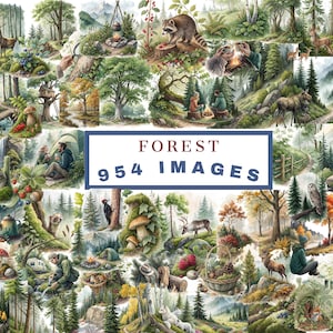 Wald Aquarell Clipart Bundle | 954 PNG-Bilder | Transparenter Hintergrund | Waldtiere, Camping, Natur, Pilze, rustikale Landschaft
