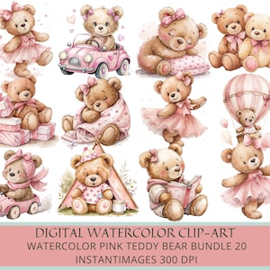 Watercolor Pink Teddy Bear Clipart Bundle