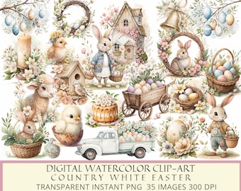 May include: A digital watercolor clip art set featuring 35 images of country white Easter themed illustrations. The set includes bunnies, chicks, lambs, eggs, wreaths, a house, a truck, a cake, and other spring elements.