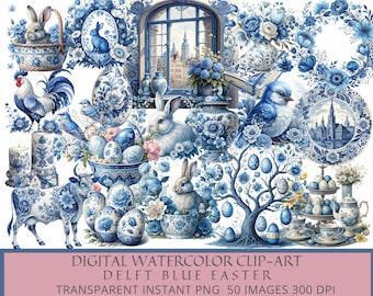Delft Blue Easter - Digital Watercolor Clipart Set