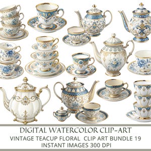 Clipart di tazze da tè floreali blu vintage - Clipart acquerello per festa del tè - Set di clipart di teiere e tazze - 300 DPI