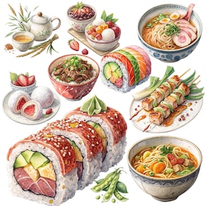 Watercolor Japanese Food Clipart Bundle: Sushi, Ramen, Bento (197 PNGs)