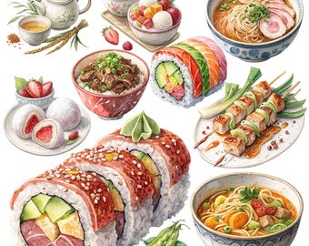 Watercolor Japanese Food Clipart Bundle: Sushi, Ramen, Bento (197 PNGs)