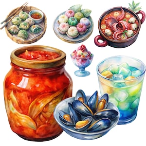 Korean Food Clipart – 204 PNG Files, Watercolor  Traditional Asian Cuisine for Journals, Cookbooks, Stickers & Craft Projects