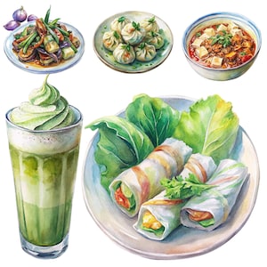 Clipart de comida chinesa – 190 PNG aquarela, arquivos – Gráficos de culinária asiática para livros de receitas, diários, etiquetas, convites e artesanato