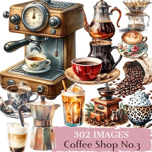 Coffeeshop-clipartbundel – 302 aquarel-png's | Baristatools, koffiedrankjes, cafés en gebak voor mokken, planners, branding