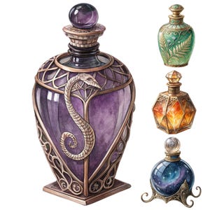 Magic Potion 229 Flaschen Clipart – Mystische Elixier Fläschchen, Fantasy Glasflaschen, Kristall Apotheker Gläser – Aquarell PNG Set
