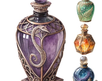 Aquarell Zaubertrank Flaschen Clipart: Mystisches Elixier PNG Set (229 Illustrationen)