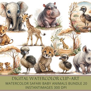 Digital Watercolor Safari Baby Animals Clipart – 20 PNG Files | Cute Baby Wild Animals | 300 DPI Transparent Background | Instant Download