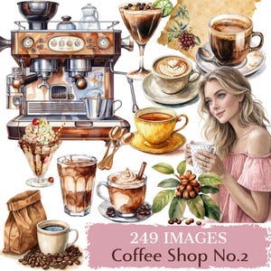 Coffeeshop-clipartbundel – 249 aquarel-png's | Baristatools, koffiedrankjes, cafés en gebak voor mokken, planners, branding