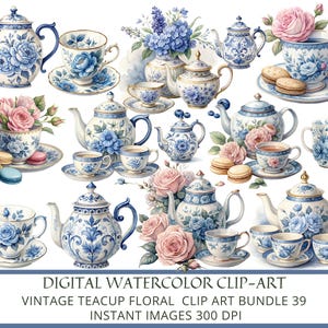 Può includere: Un set digitale di clip art ad acquerello di 39 tazze da tè e teiere vintage con motivi floreali. Le tazze da tè e le teiere sono dipinte in tonalità di blu e bianco con accenti dorati. I motivi floreali includono rose, ortensie e altri fiori. Il clip art è perfetto per creare inviti, biglietti e altri lavoretti di carta.