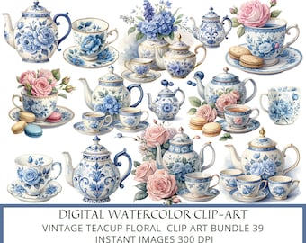 Può includere: Un set digitale di clip art ad acquerello di 39 tazze da tè e teiere vintage con motivi floreali. Le tazze da tè e le teiere sono dipinte in tonalità di blu e bianco con accenti dorati. I motivi floreali includono rose, ortensie e altri fiori. Il clip art è perfetto per creare inviti, biglietti e altri lavoretti di carta.