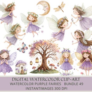 Watercolor Purple Fairy Clipart – Fantasy Fairy Digital Art Bundle