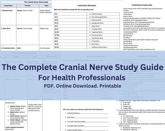 May include: A colorful infographic titled "The Complete Cranial Nerve Study Guide for Health Professionals" with a blue, green, and white color scheme. The infographic includes a table with the names and functions of the cranial nerves, a worksheet with matching questions, and a practice quiz. The infographic also includes a section on eye movement and pupillary reflexes.