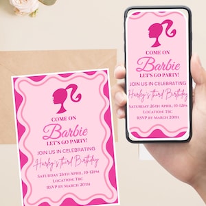 Könnte beinhalten: Rosa Barbie-Geburtstagseinladung mit einer Silhouette von Barbie. Die Einladung enthält den Text „Come on Barbie, Let's Go Party!“ und Details für Harleys dritten Geburtstag, einschließlich Datum, Uhrzeit, Ort und RSVP-Datum.