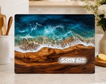 Personalized Ocean Glass Chopping Board, Custom Name Coastal Cutting Board, Beach Wave Kitchen Board, Housewarming Gift