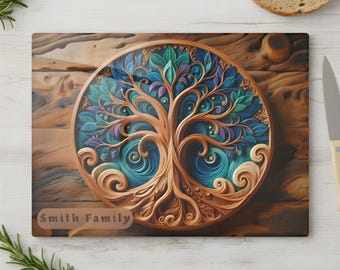 Personalized Glass Cutting Board with Family Tree Design – Custom Name Kitchen Decor, Gift for Mom, Wedding or Housewarming Present