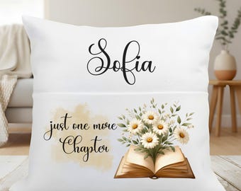 Housse de coussin personnalisée pour amoureux des livres, coussin avec citation sur la lecture 40x40 cm, cadeau personnalisé avec nom pour maman enseignante, décoration florale sur le thème des livres
