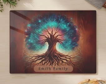 Personalisiertes Glas Schneidebrett mit Baum des Lebens - Benutzerdefinierte Küchendekoration mit Familienname, einzigartiges Hochzeitsgeschenk, Einweihungsparty oder Jubiläumsgeschenk