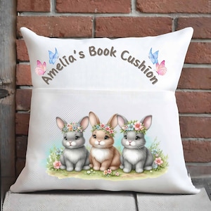 Personalised Bedtime Story Book Cushion with pocket,Rabbit nursery cushion, Gift for Readers,Cozy Home Decor