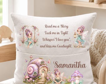 Personalised Fairy Reading Pillow for Girl, Linen 40x40 cm Cushion with Pocket, Custom Name Bedtime Story Nursery Decor