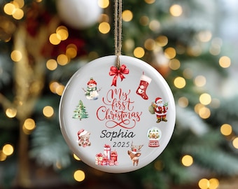 Adorno navideño familiar personalizado "Mi primera Navidad" (2025), primera decoración para recién nacidos, regalo navideño de cerámica personalizado.