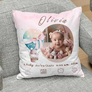 Almohada personalizada con foto de bebé: Decoración personalizada para habitación infantil con estadísticas de nacimiento