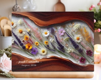 Tabla de charcutería de cristal personalizada, tabla de cortar personalizada con nombres de pareja, diseño de flores silvestres de arce, regalo de boda para inauguración de la casa.