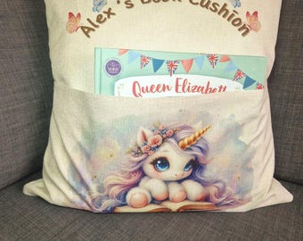PersonalisedBedtime Story Book Cushion -Linen Unicorn Book Cushion: Floral Fantasy Reading Pillow
